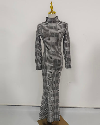 Black & White Houndstooth Turtleneck Maxi Dress