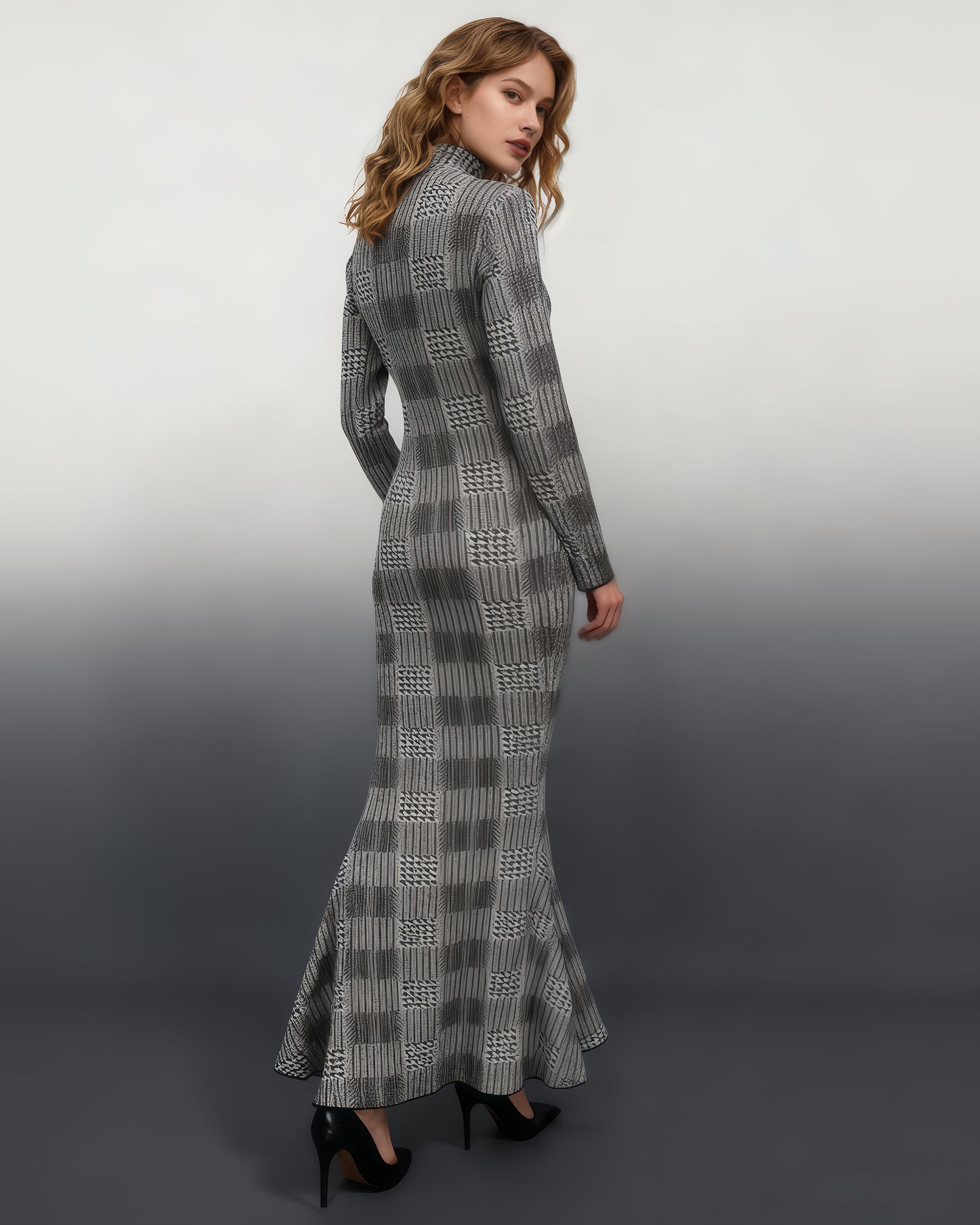 Black & White Houndstooth Turtleneck Maxi Dress