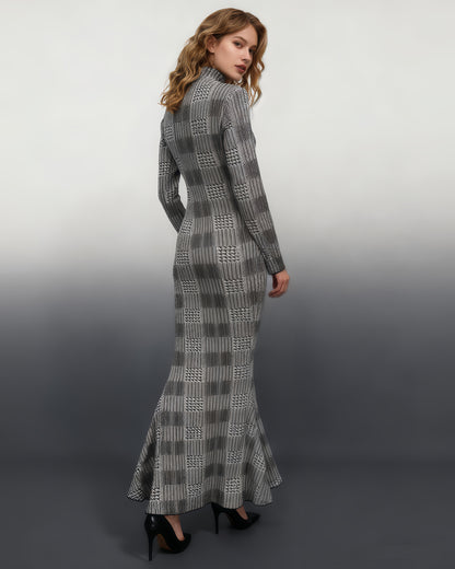Black & White Houndstooth Turtleneck Maxi Dress