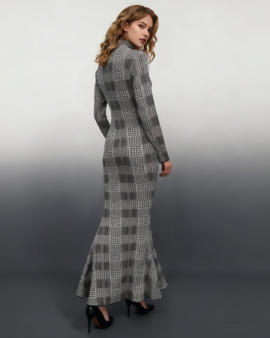 Black & White Houndstooth Turtleneck Maxi Dress