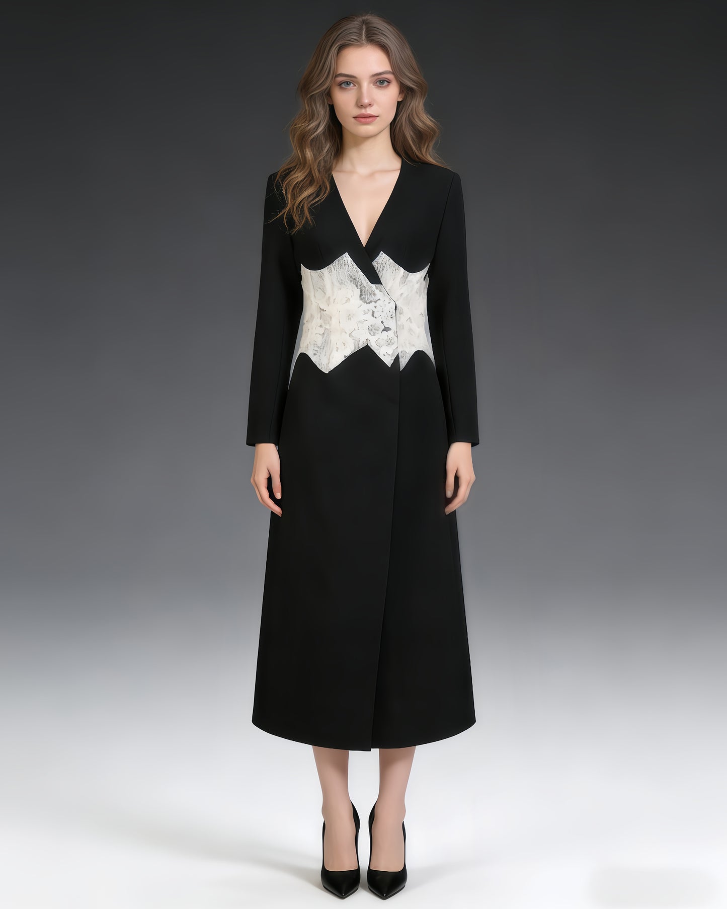 Black & White Lace Panel Long Blazer