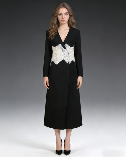 Black & White Lace Panel Long Blazer