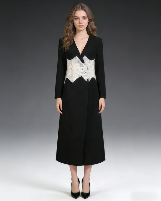 Black & White Lace Panel Long Blazer