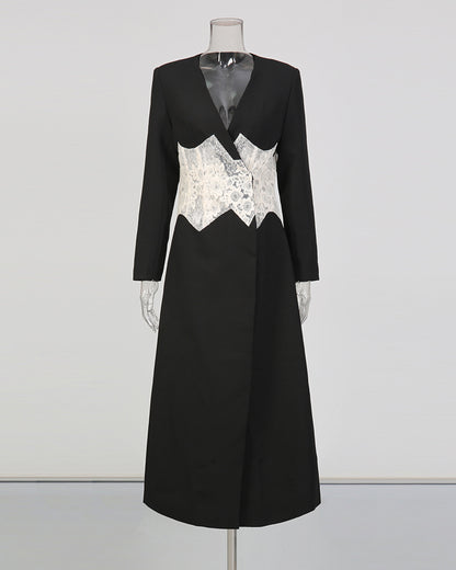 Black & White Lace Panel Long Blazer