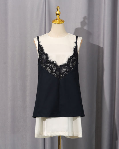 Black & White Lace Trim Layered Tank Dress