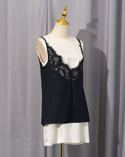 Black & White Lace Trim Layered Tank Dress