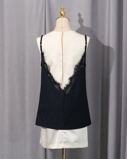 Black & White Lace Trim Layered Tank Dress