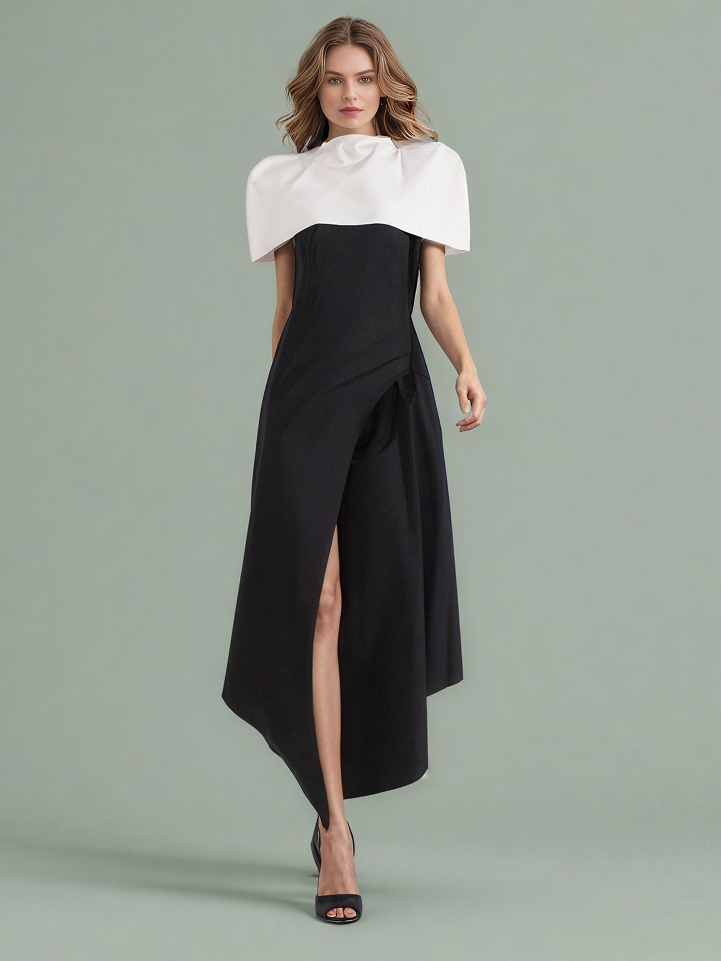 Black & White Puff Sleeve Asymmetric Midi Dress