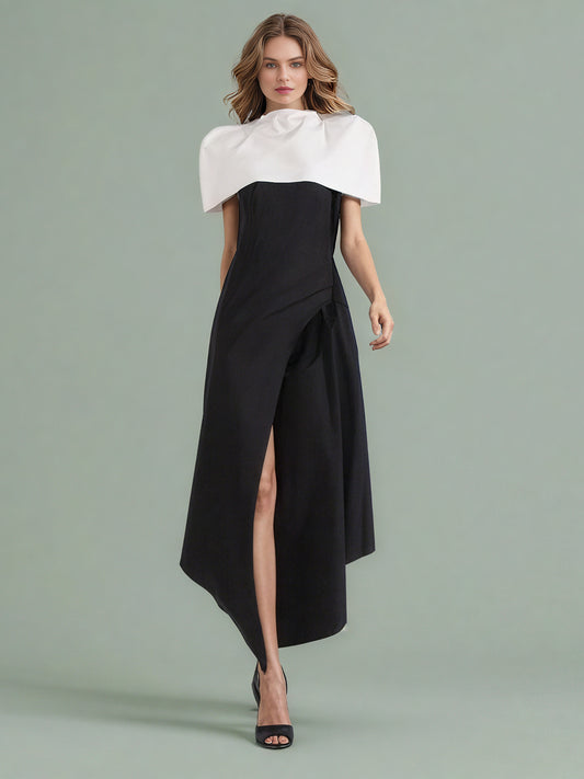 Black & White Puff Sleeve Asymmetric Midi Dress