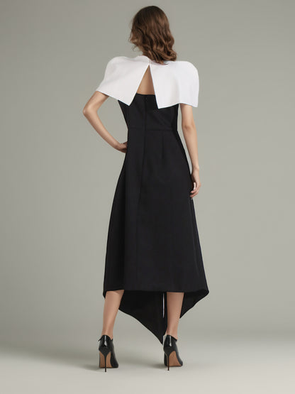 Black & White Puff Sleeve Asymmetric Midi Dress