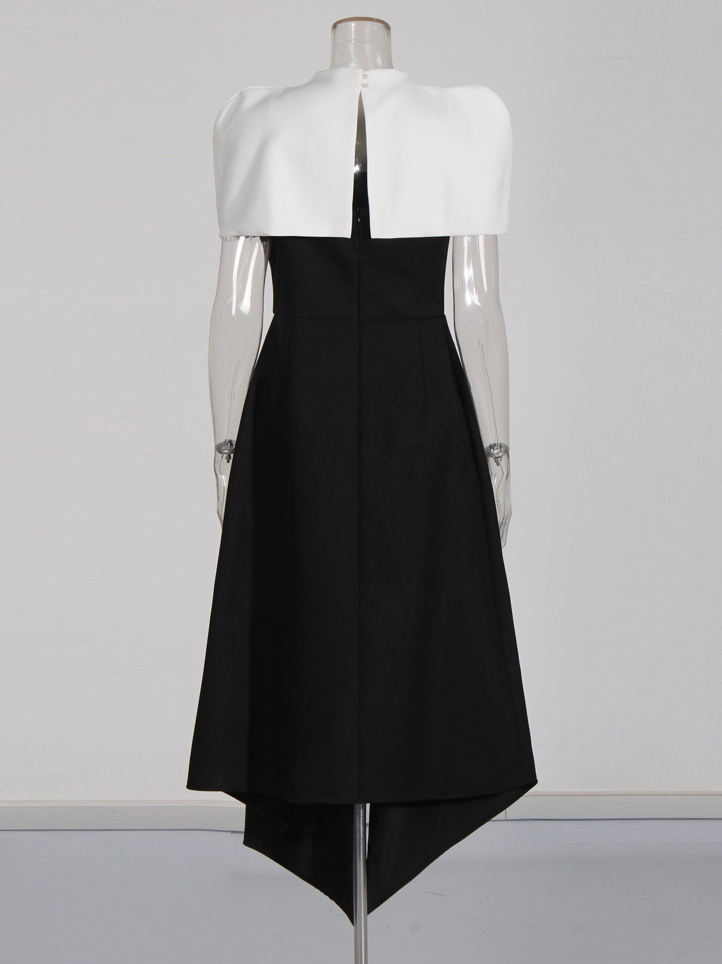 Black & White Puff Sleeve Asymmetric Midi Dress
