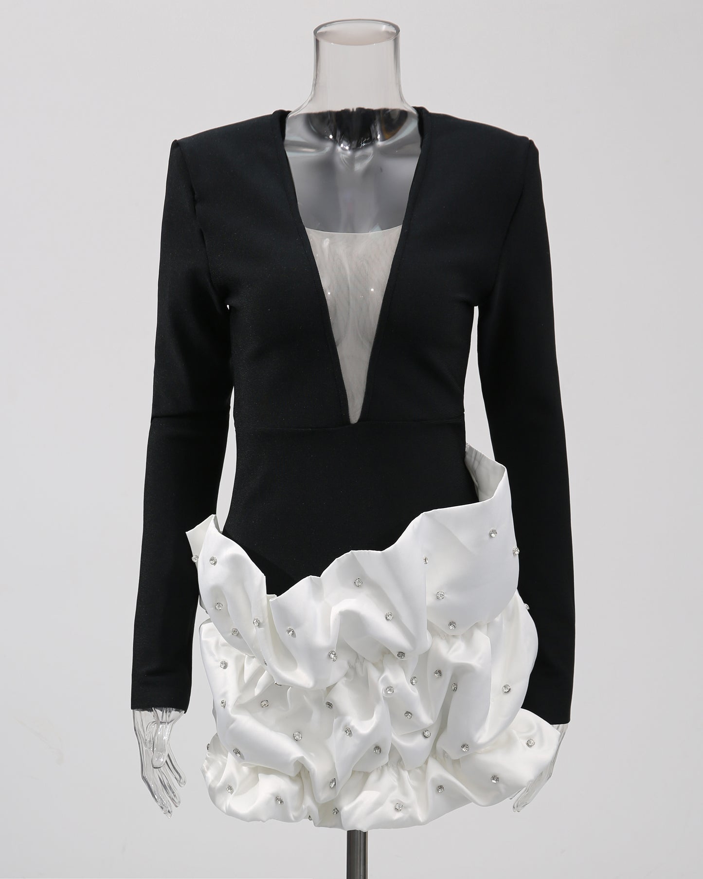 Black & White Ruffled Crystal Accent Mini Dress