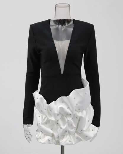 Black & White Ruffled Crystal Accent Mini Dress
