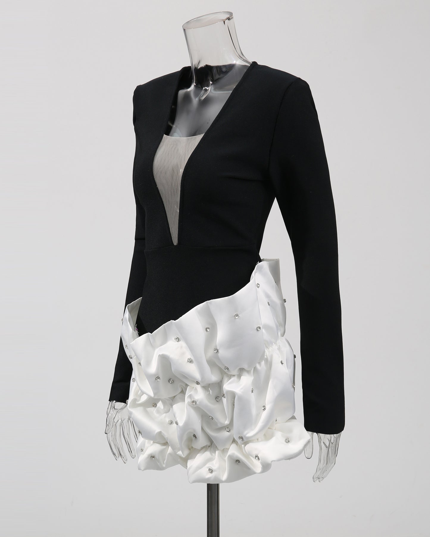 Black & White Ruffled Crystal Accent Mini Dress