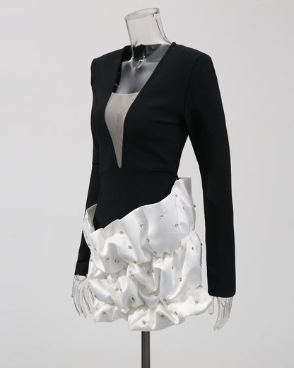 Black & White Ruffled Crystal Accent Mini Dress