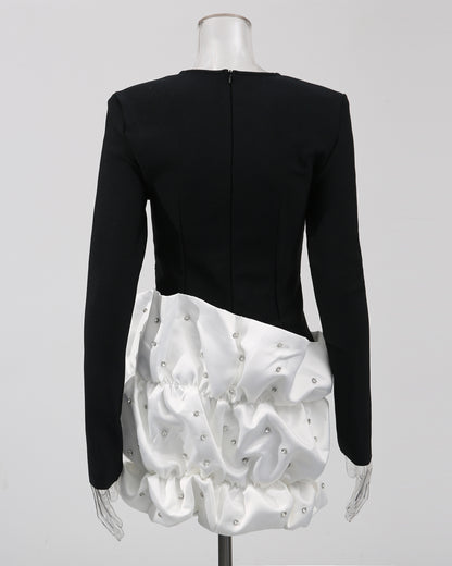 Black & White Ruffled Crystal Accent Mini Dress