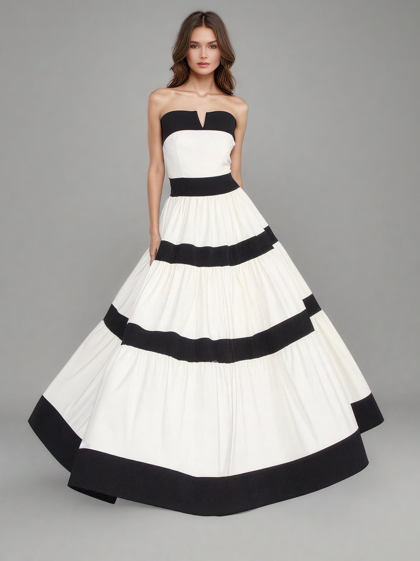 Black & White Striped Strapless Maxi Dress