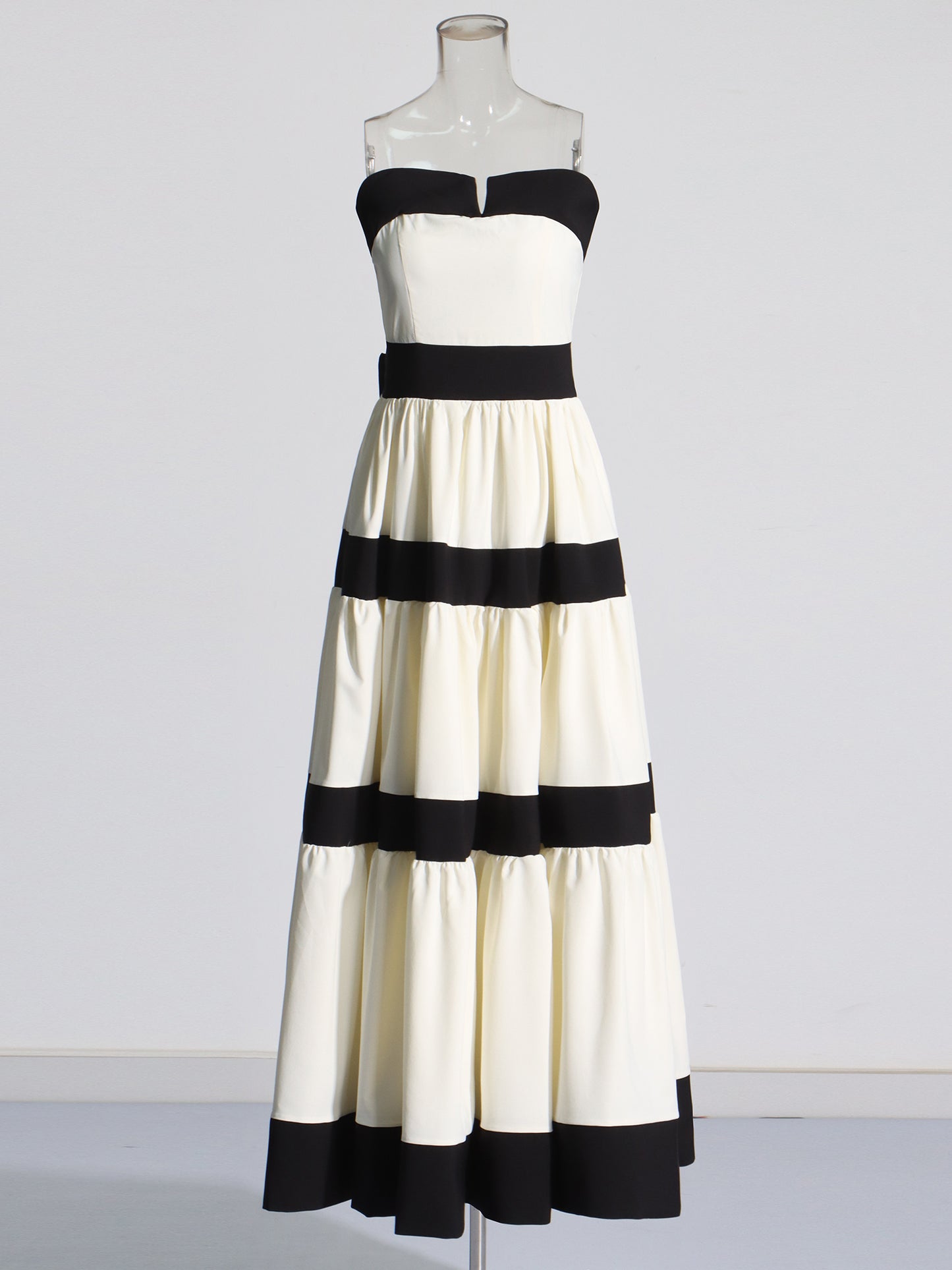 Black & White Striped Strapless Maxi Dress