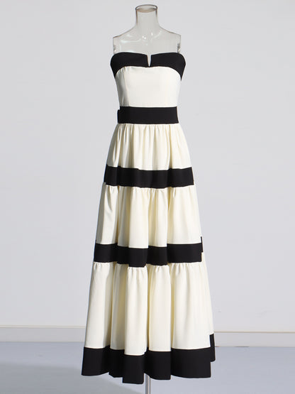 Black & White Striped Strapless Maxi Dress