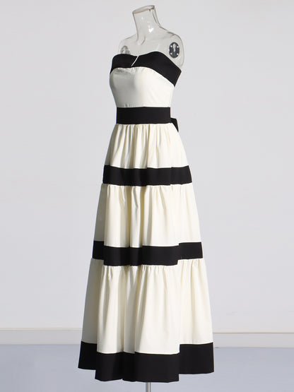Black & White Striped Strapless Maxi Dress