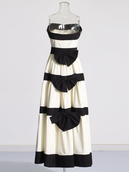 Black & White Striped Strapless Maxi Dress