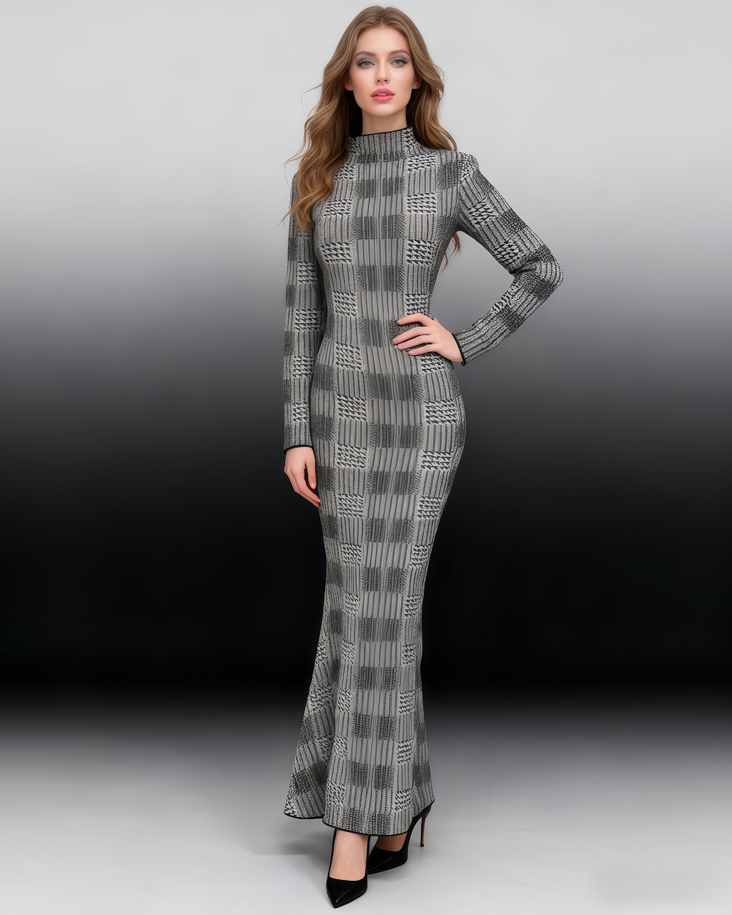 Black & White Houndstooth Turtleneck Maxi Dress