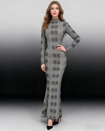 Black & White Houndstooth Turtleneck Maxi Dress