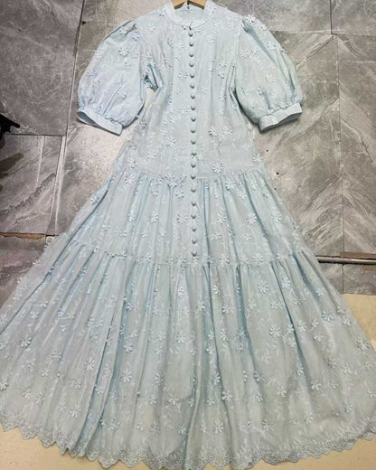 Blue 3D Floral Puff Sleeve Maxi Dress