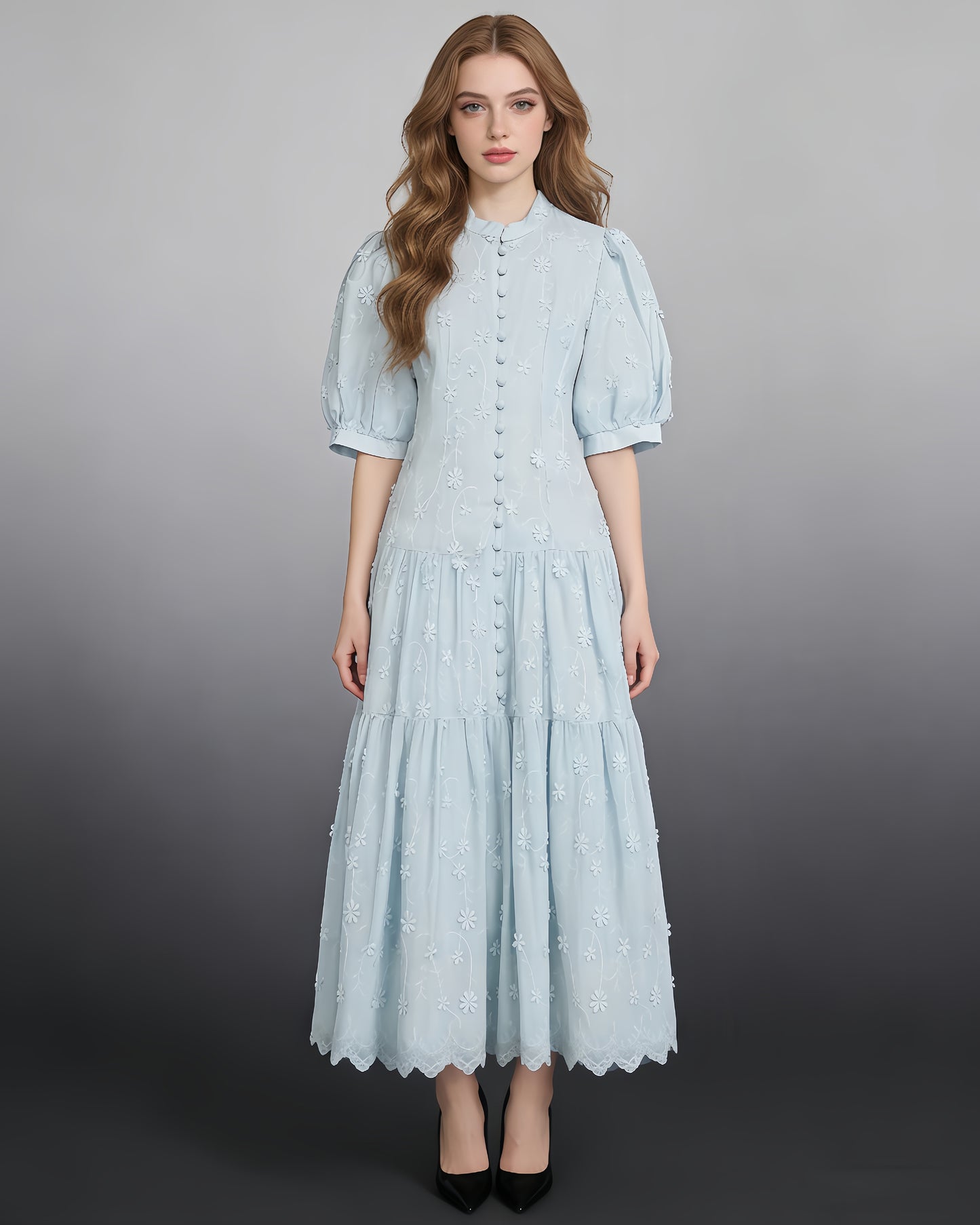 Blue 3D Floral Puff Sleeve Maxi Dress