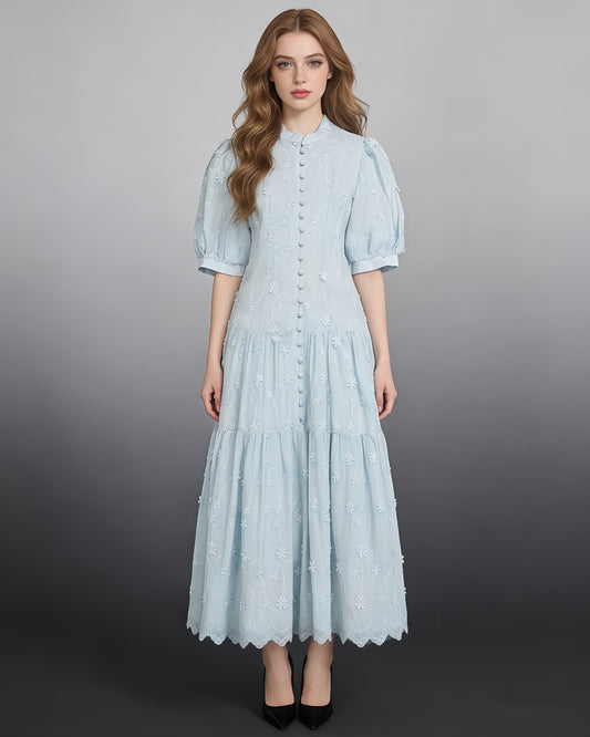 Blue 3D Floral Puff Sleeve Maxi Dress