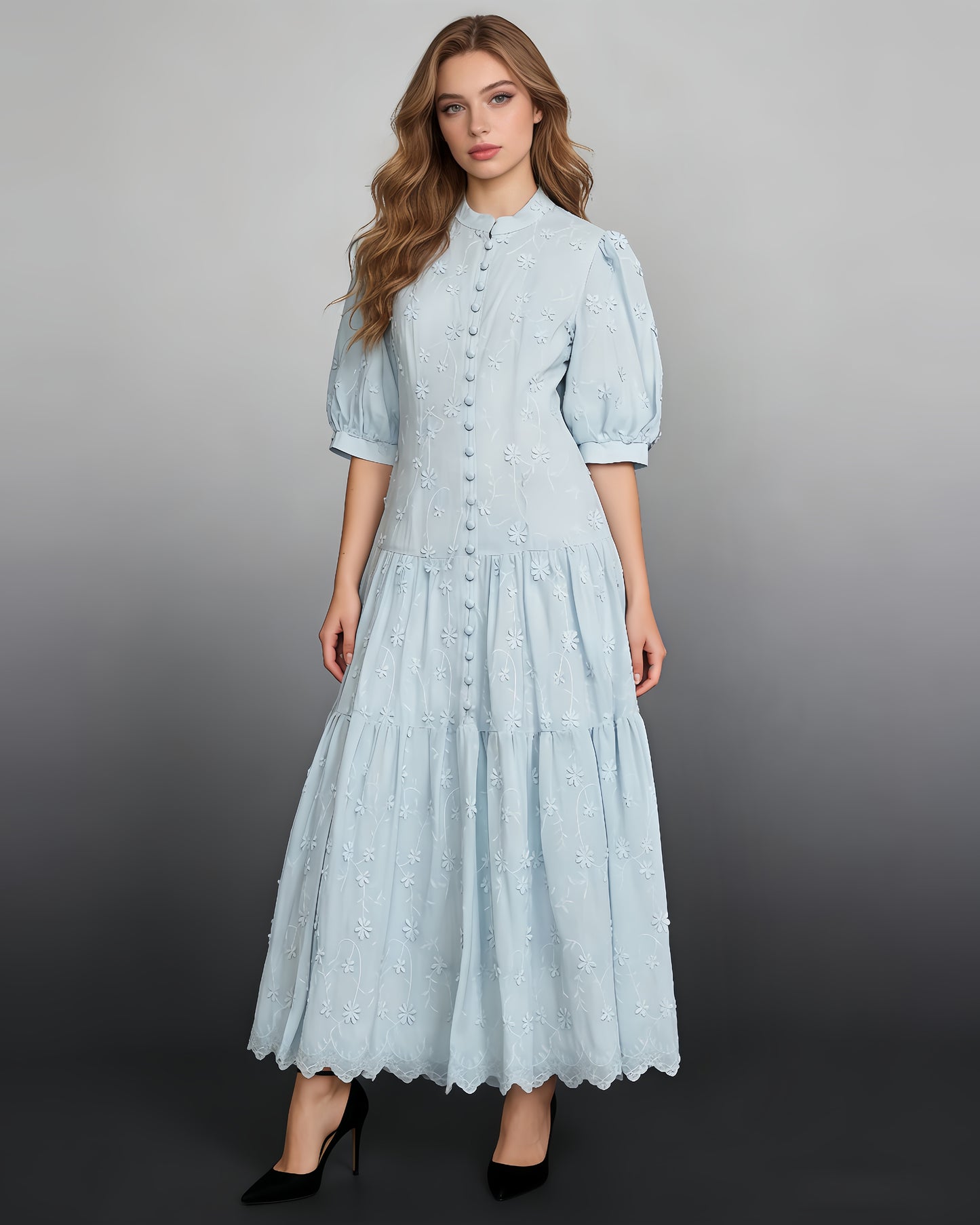 Blue 3D Floral Puff Sleeve Maxi Dress