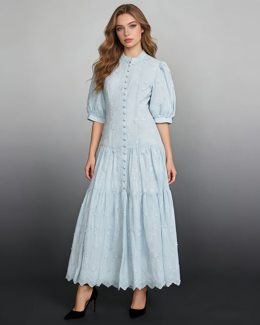 Blue 3D Floral Puff Sleeve Maxi Dress