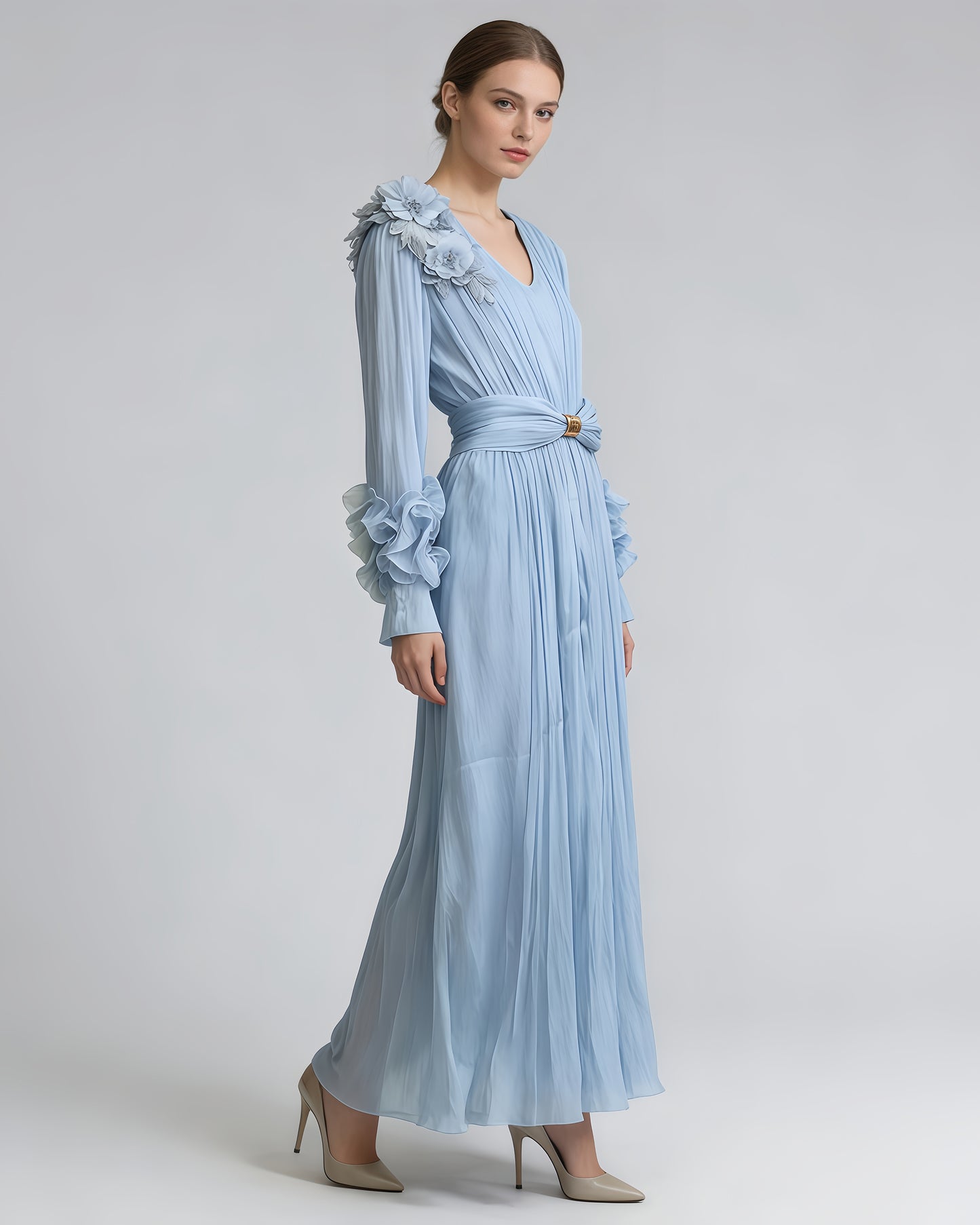 Blue 3D Floral Ruched Waist Maxi Dress