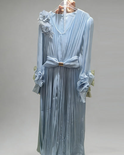 Blue 3D Floral Ruched Waist Maxi Dress