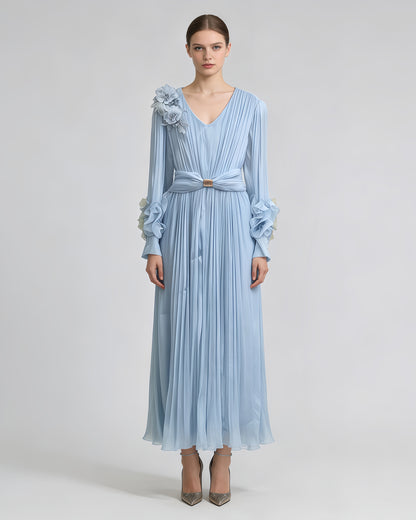 Blue 3D Floral Ruched Waist Maxi Dress