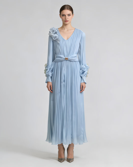 Blue 3D Floral Ruched Waist Maxi Dress