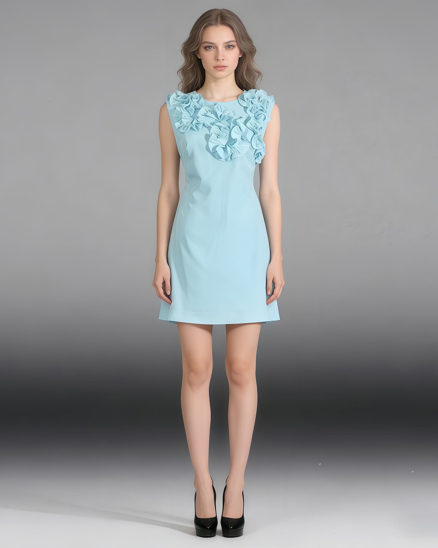 Blue 3D Floral Ruffle Mini Dress