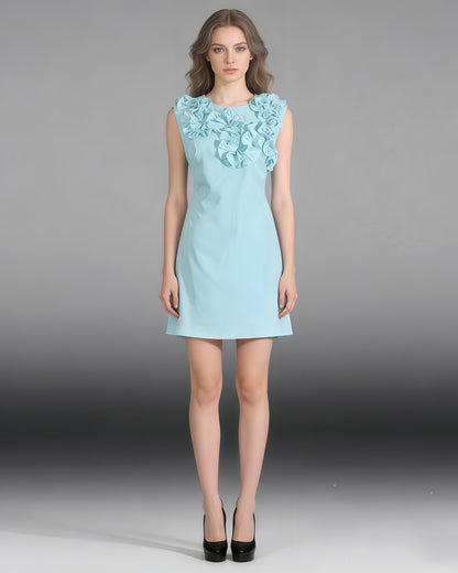 Blue 3D Floral Ruffle Mini Dress