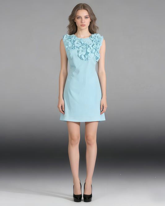 Blue 3D Floral Ruffle Mini Dress