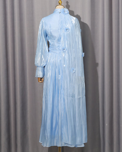 Blue 3D Floral Shiny Maxi Dress