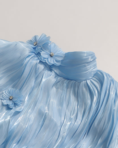 Blue 3D Floral Shiny Maxi Dress