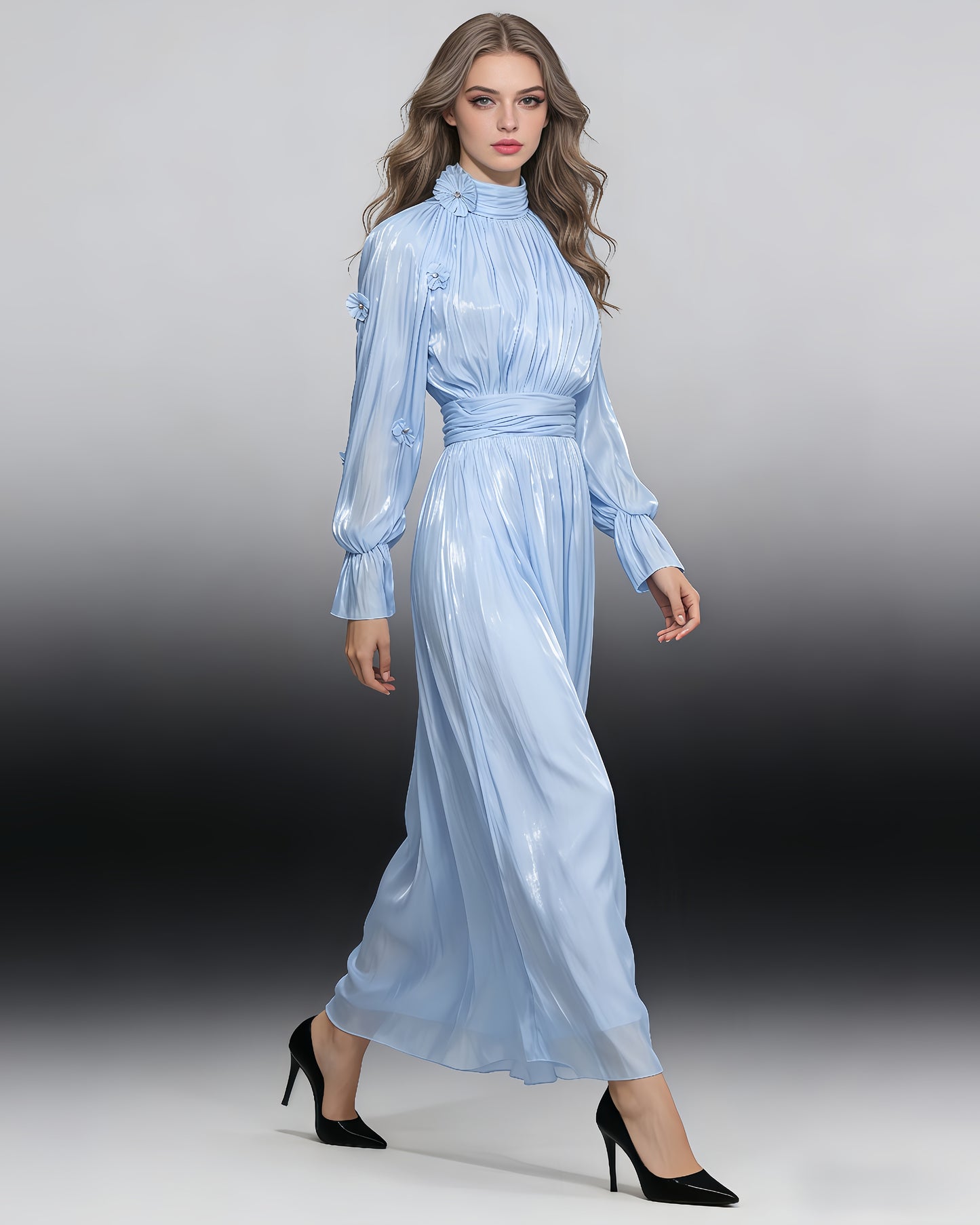 Blue 3D Floral Shiny Maxi Dress