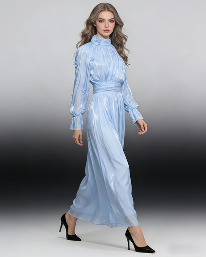 Blue 3D Floral Shiny Maxi Dress