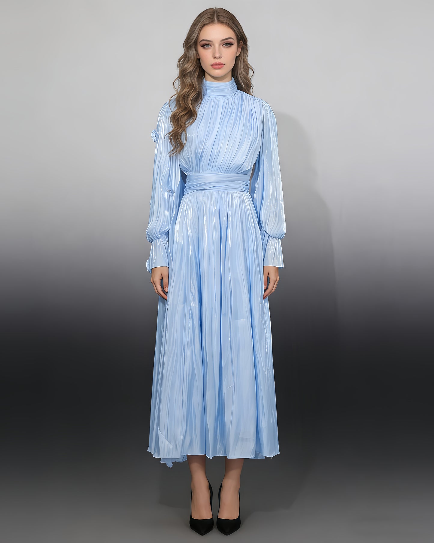 Blue 3D Floral Shiny Maxi Dress