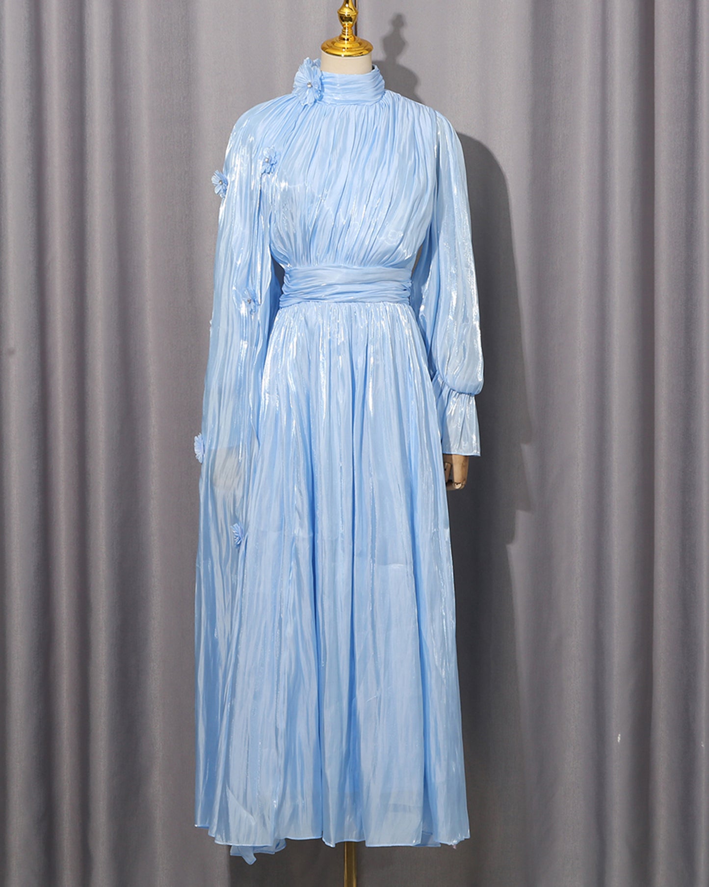 Blue 3D Floral Shiny Maxi Dress