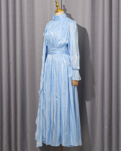 Blue 3D Floral Shiny Maxi Dress