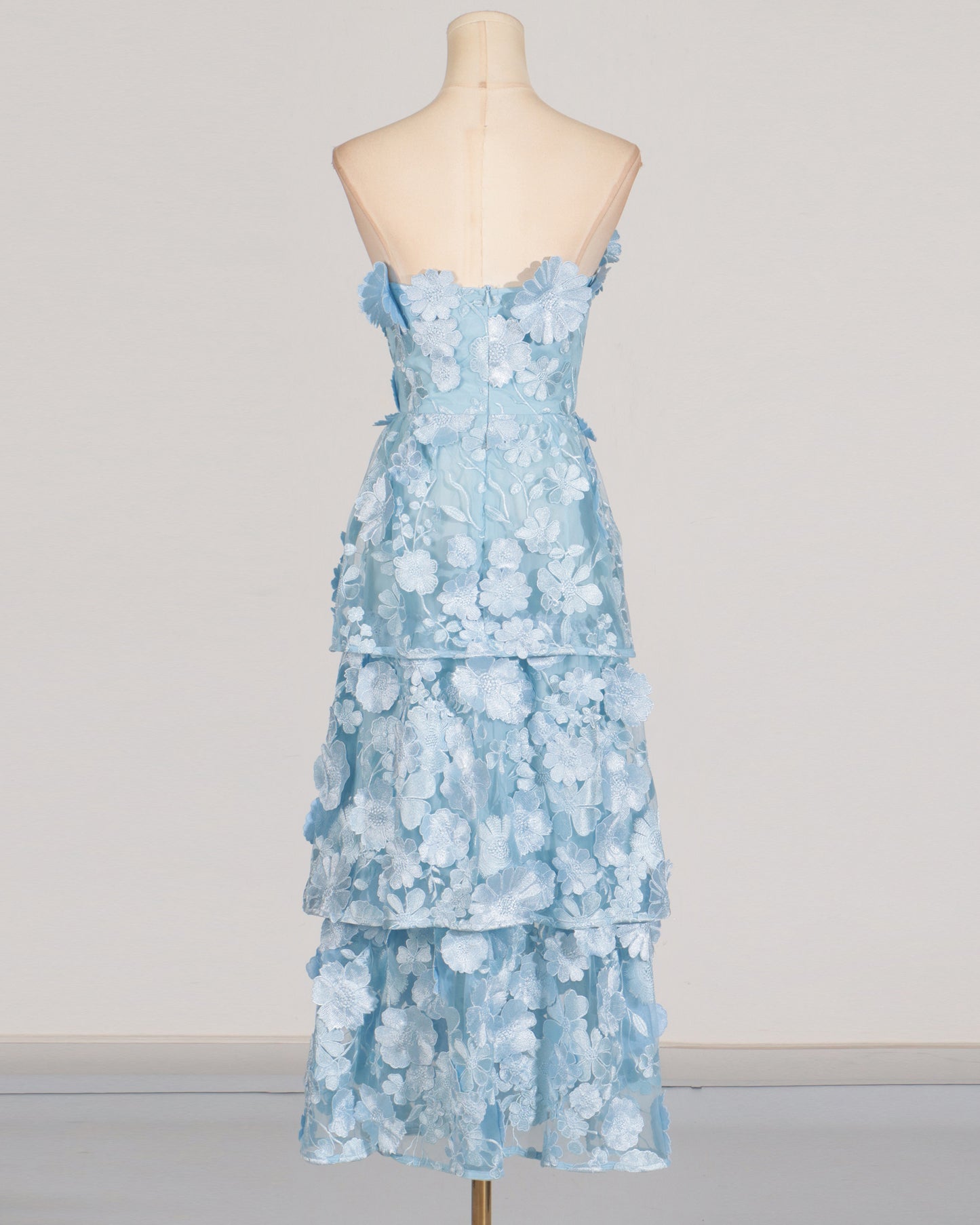 Blue 3D Floral Strapless Tiered Maxi Dress