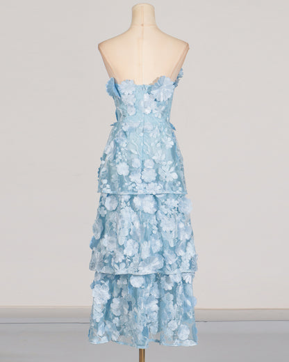 Blue 3D Floral Strapless Tiered Maxi Dress