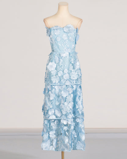 Blue 3D Floral Strapless Tiered Maxi Dress