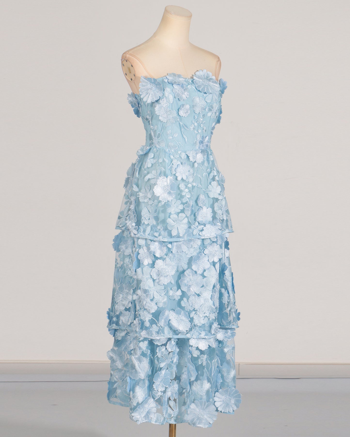 Blue 3D Floral Strapless Tiered Maxi Dress